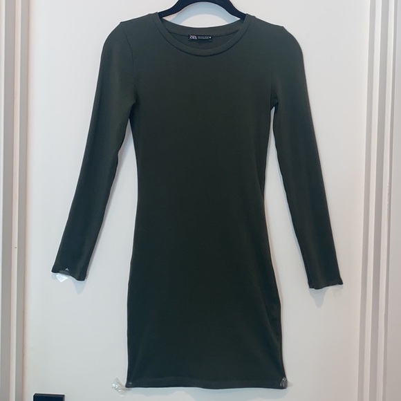 ZARA Olive Green Long Sleeve Cotton Dress size Small - Picture 4 of 7